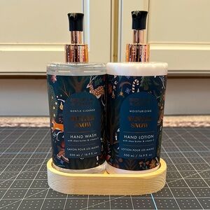Brompton & Langley hand wash and hand lotion set with wooden base